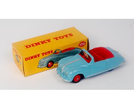 Dinky Toys, 106, Austin Atlantic Convertible, light blue body with red interior, red hubs, in the original all card correct c