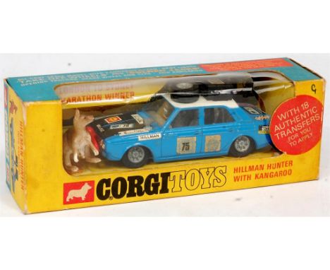 Corgi Toys, 302, Hillman Hunter Rally, blue body with white roof, matt black bonnet with luggage load to roof, with kangaroo 