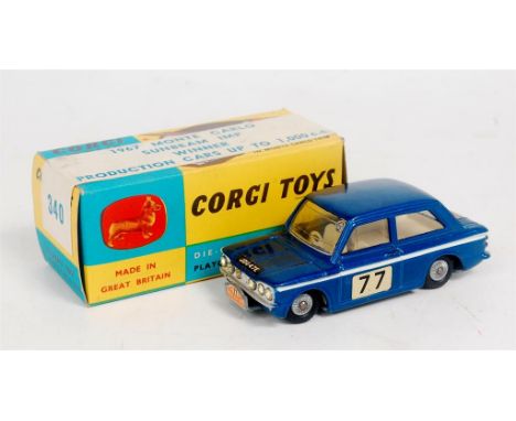 Corgi Toys, No.340 Sunbeam Imp "Rallye Monte Carlo" metallic blue, off-white interior, cast hubs, racing No.77, in the origin