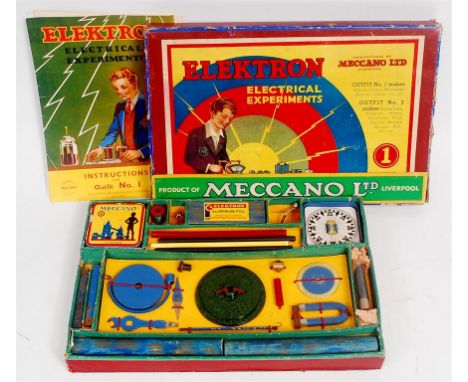 Meccano No.1 Elektron Set, in original Meccano Carton, 1935, complete and strung with manual, mid period yellow No.1 tin incl