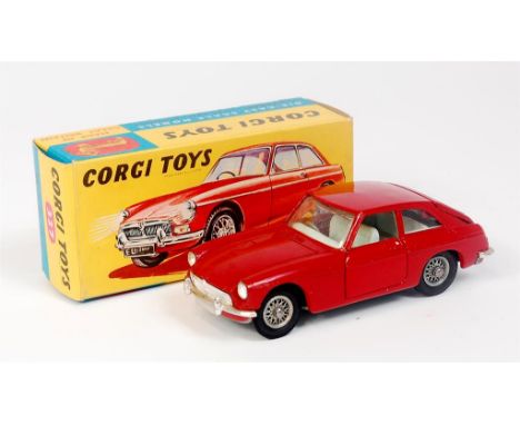 Corgi Toys, 327 MGB GT, dark red body, light blue interior, spoked wheels, black suitcase (NM-BNM)