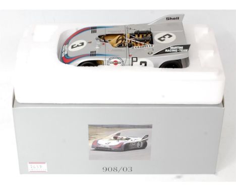 Auto Art Models 1/18th scale model of a Porsche 908/03, finished in silver with Martini Racing Livery, in the original polyst