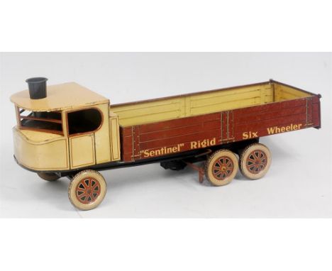 Tipp & Co, Germany, "Sentinel Rigid 6-wheeler" Steam Lorry, cream cab, brown tipping body, 6 x tinprinted balloon wheels, ope