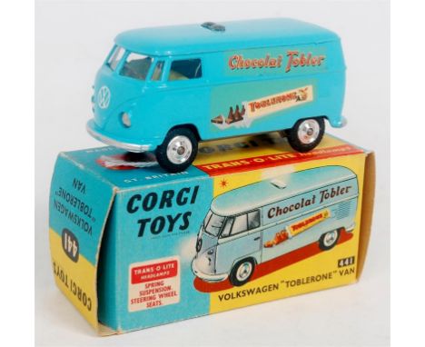 Corgi Toys, 441, Volkswagen 'Chocolate Toblerone' van, light blue body with lemon interior, Trans-o-lite head lamps, spun hub