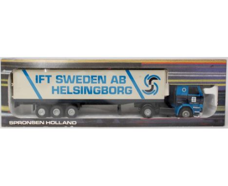 Tekno, 1/50th scale model of a "Spronsen Holland" Scania 143m artic with fridge trailer, finished in light and dark blue with