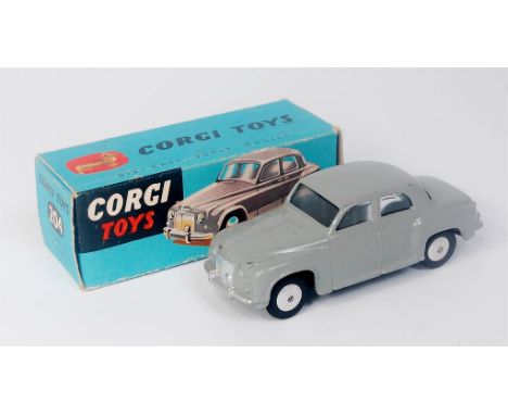 Corgi Toys, 204, Rover 90 Saloon, grey body with flat spun hubs, in the original blue all card box, with model leaflet (NM-BV