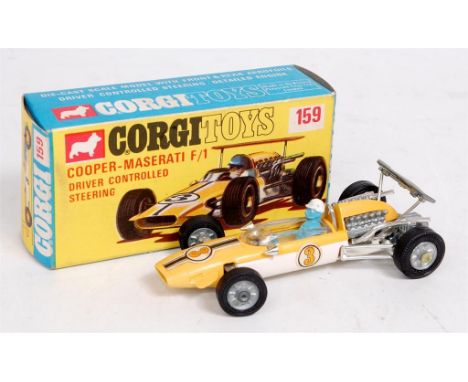 Corgi Toys, 159 Cooper Maserati F1 racing car in yellow with blue driver and black racing stripe, with instruction leaflet (N