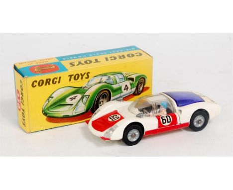 Corgi Toys, 330, Porsche Carrera 6, white body, red bonnet and doors, racing number 60, cast hubs, blue engine cover, in the 