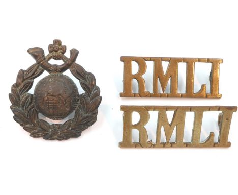 Royal Marines Light Infantry WWII cap badge and a pair of shoulder flashes (3). P&amp;P Group 1 (£14+VAT for the first lot an