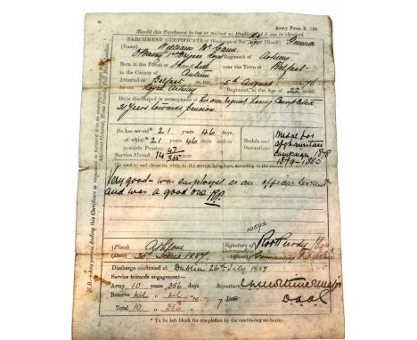 A Victorian British army parchment discharge certificate named to 15951 Gunner William McCann (Belfast, served 1876-1887). P&