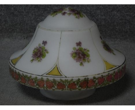 A vintage milk glass shade with floral decoration. H.25 W.30cm 