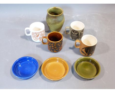 A collection of 1970's Hornsea mugs designed by John Clappison, a studio pottery vase and three Portmerion stoneware glazed d