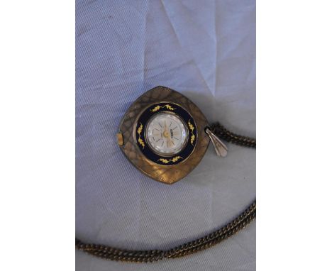 A vintage Sunflex pendant watch and chain. White enamel dial with black markers. Stylised foliate design around dial and line