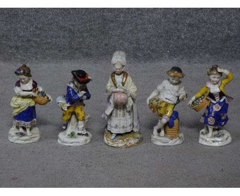Four antique hand painted Chelsea Sampson style figures, with gold anchor mark to back. Accompanied by a Meissen figure of a 