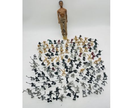 A collection of unpainted plastic toy figurines including army soldiers, medieval knights etc, along with a vintage Action Ma