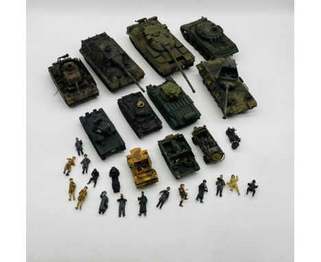 A collection of pre-built plastic model military tanks including Tamiya etc, along with a selection of plastic army related f