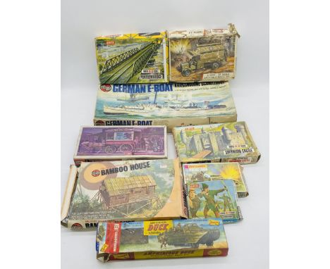 A collection of various boxed plastic model kits including an Airfix German E-Boat (1:72 scale), Lindberg Line Amphibious Duc