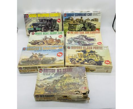 A collection of seven boxed Airfix military model plastic kits (all 1:35 scale) including Dodge Weapons Carrier, Dodge Comman