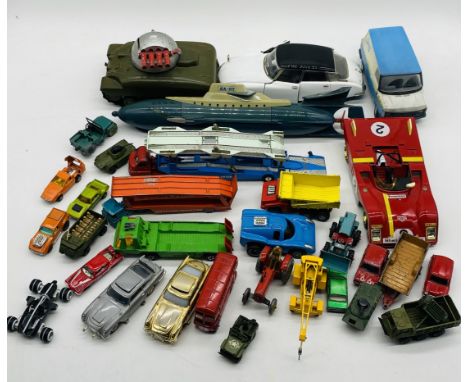 A collection of die-cast vehicles including Dinky Toys, Corgi Major Toys car transporter, Corgi etc, along with Tri-ang tank,