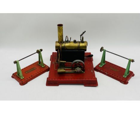 A vintage Mamod live steam stationary engine, along with two Mamod line shafts 