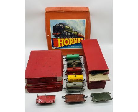 A collection of Hornby Trains O gauge model railway including Passenger Set No 31, oil tankers, track, points, acute angle cr