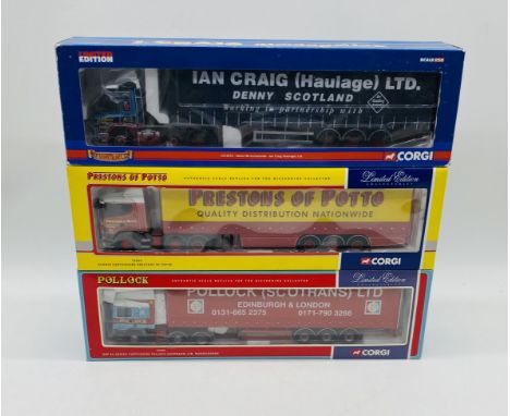 Three limited edition boxed Corgi authentic scale die-cast replica commercial articulated lorries/trucks including Preston's 