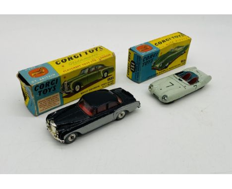 Two boxed vintage Corgi Toys die-cast cars including Bentley Continental Sports Saloon By H.J.Mulliner (224) and Lotus Mark E