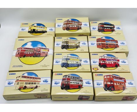 A collection of eleven boxed Corgi Classics Public Transport buses and coaches including Guy Arab Utility double decker bus, 