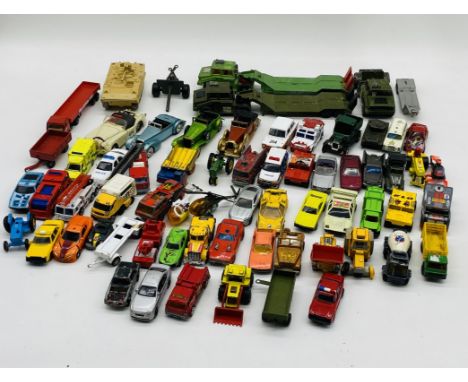 A collection of mainly die-cast vehicles including Matchbox Battle Kings army vehicles, Solido army tank, Corgi Toys, Matchbo