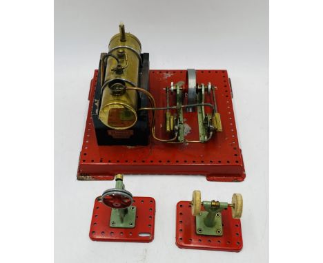 A vintage Mamod live steam stationary engine, along with a Mamod pedestal grinding machine and power press