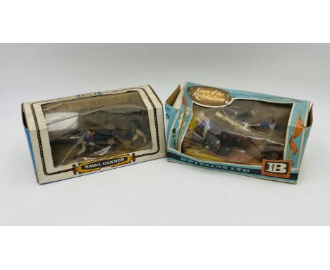 A boxed vintage  Britains Naval Cannon set (9736), along with a boxed  Britains Gun of The Revolution set (9737) - both A/F