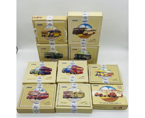 A collection of ten boxed Corgi Commercials die-cast buses and coaches double packed sets including AEC Bus set, Devon Bus Se