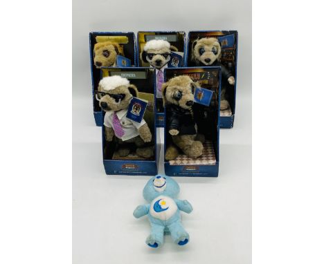 Five boxed Yakov's Compare The Meerkat soft toys including 2 x Sergei, 2 x Vassily & Aleksandr, along with a vintage Care Bea