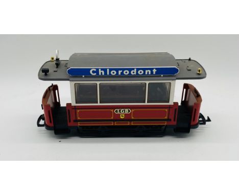 An unboxed Lehmann LGB G gauge model railway "Chlorodont" passenger trolley tram with one passengers (3500) 