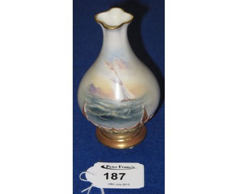 Royal Worcester porcelain baluster shaped vase painted with sea scapes and racing yacht.  Signed Rushden.  Printed marks with