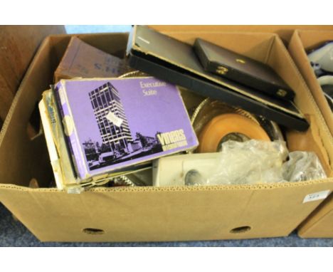 Box of assorted items to include plated items, Viners cutlery, other cased and loose plated cutlery, pierced serving trays, g