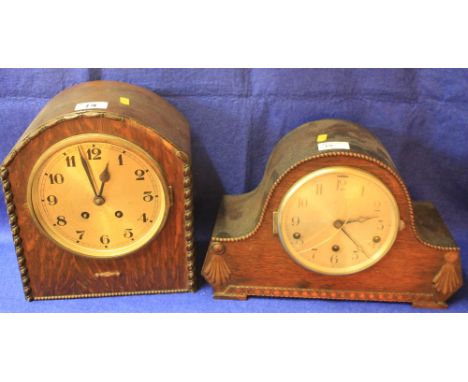 Mid 20th Century oak arch topped three train mantle clock, together with another arch topped two train mantle clock with Gadr