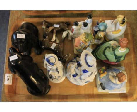 Tray of assorted china items to include pair of seated dogs, Beswick horse and foal, continental figures, Welsh tea party, Go