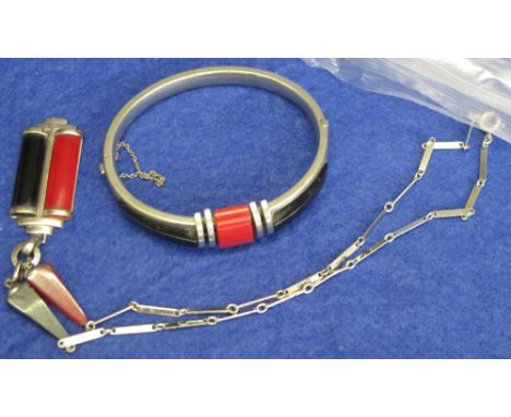 Art deco design white metal bangle and matching necklace. CONDITION REPORT: Both items are grubby/tarnished, but no noted dam