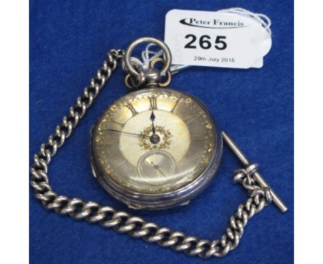 Silver fancy engine turned key wind gentleman's pocket watch with seconds dial and graduated silver short chain.