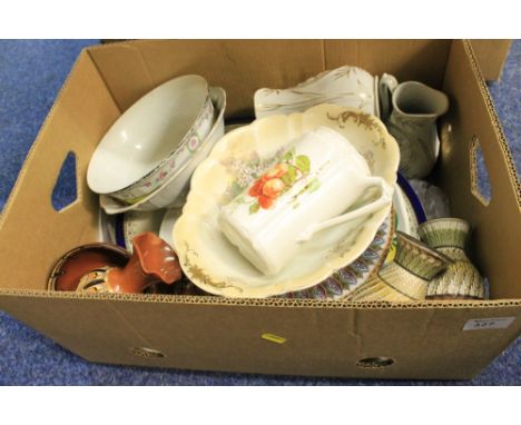 Box of assorted china to include Victorian  jug and bowl, art pottery vase, dresser jugs, various plates, meat plates etc.