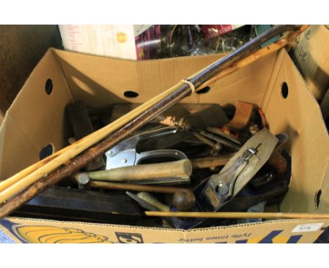 Box of assorted collectables predominantly vintage tools to include, axe, hammers, drills, set squares, clamps, walking stick