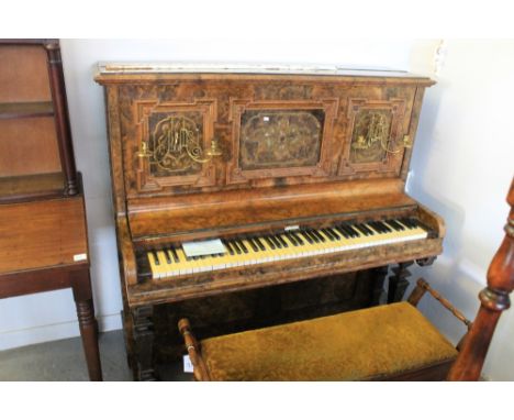 Eungblut & Eungblut of London burr walnut upright iron grand piano with three inlaid gilt and mother of pearl panels depictin