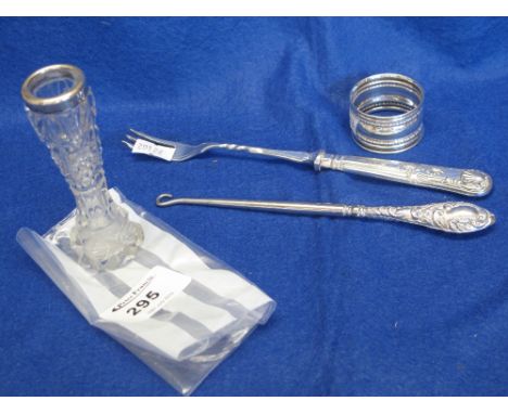 Silver handled pickle fork, button hook, napkin ring and small cut glass specimen vase with silver rim.  (4)