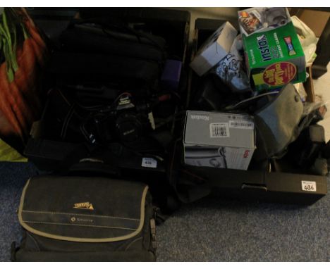 Two boxes of assorted camera items and accessories to include Cannon super macro video camera and recorder, various camera ca