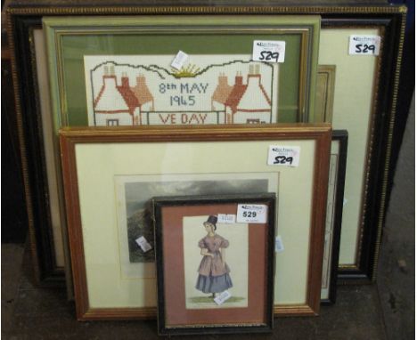 Group of small furnishing pictures, Langley's new map of Glamorganshire, framed V.E Day tapestry, costume study etc. Framed. 