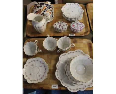 Two trays of assorted china to include 20th Century Pink Rose design part tea set, two floral ladies dressing table trinket j