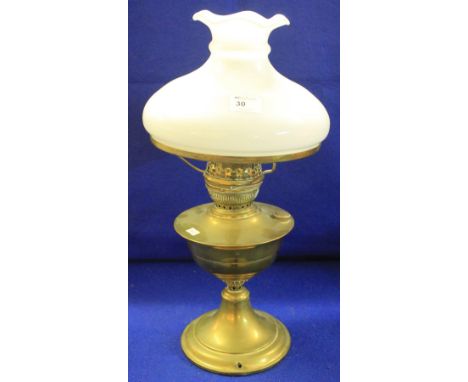 Brass pedestal oil lamp with opaque glass shade.  (Converted)