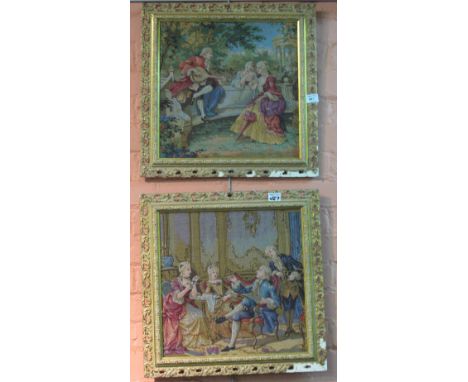 Pair of tapestry studies depicting 18th Century figures, in gilt frame. (2)