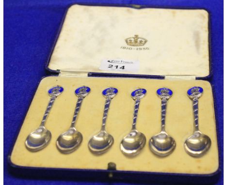 Cased set of silver George V Jubilee spoons with enamelled portrait terminals.  Original box.  Birmingham hallmarks.